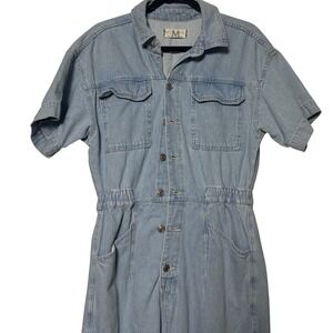 Free People Denim Jumpsuit Short Sleeve Elastic Waist Button Front Light Wash